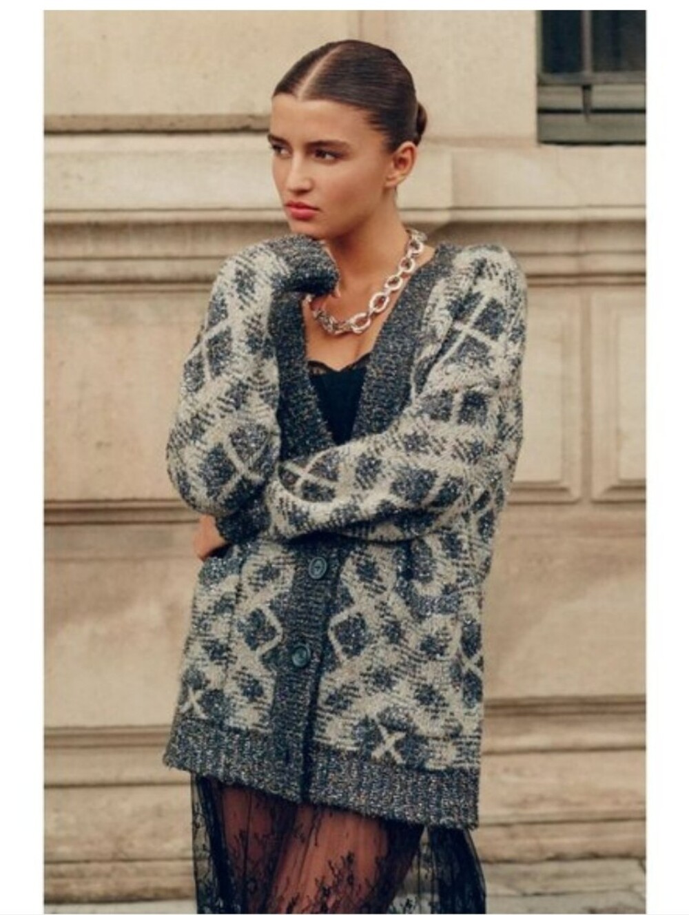 198$ Anthropologie Maeve Shimmer Argyle V Neack Cardigan In Gray And Baige